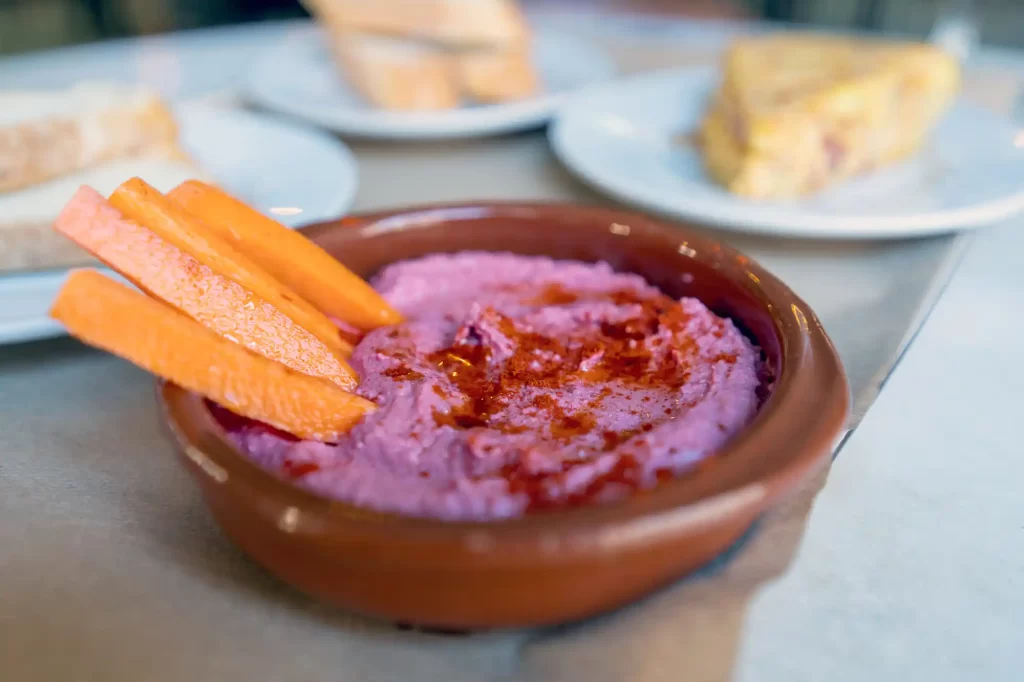 So:Ku Tapas lunch of red hummus with carrot sticks